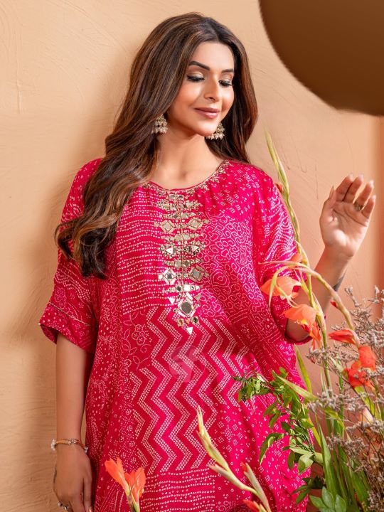 Red Kaftan with Tulip Pants in Pure Dola Silk with Mirror Embroidery