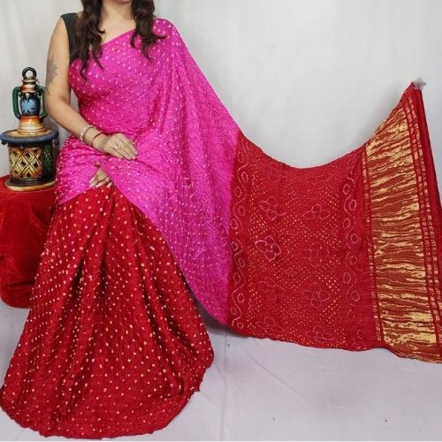 Red/Pink Modal Silk Bandhni Saree with Blouse