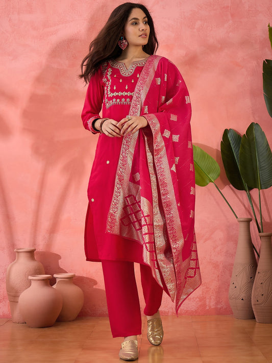 Elegant Fuchsia Pink Embroidered Kurta Set with Gold Brocade Dupatta