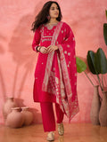 Elegant Fuchsia Pink Embroidered Kurta Set with Gold Brocade Dupatta