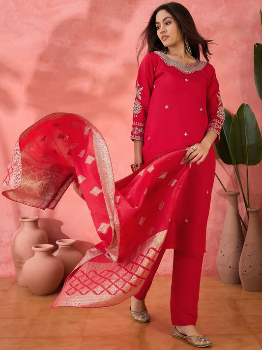 Ruby Red Embellished Kurta Set with Sheer Gold Zari Dupatta - Festive Collection