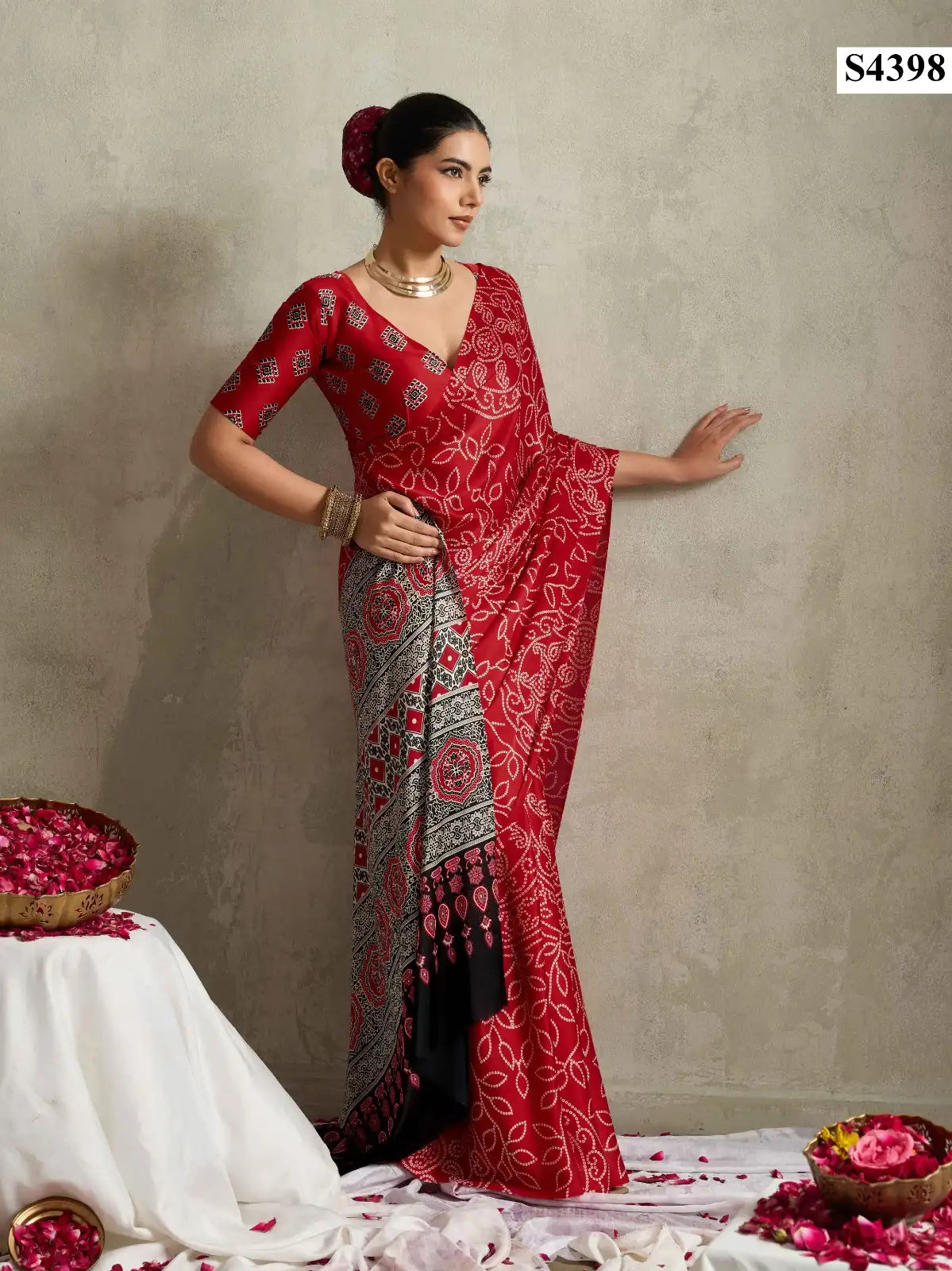 Red Bandhani Satin Printed Saree – Elegant Party Wear