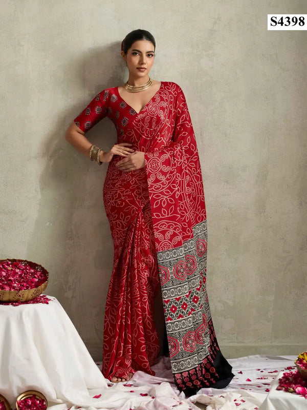 Red Bandhani Printed Satin Saree with Contrast Pallu