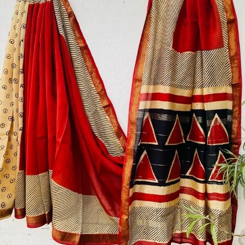 Red & Beige Maheshwari Silk Saree – Elegant Handloom Ethnic Wear