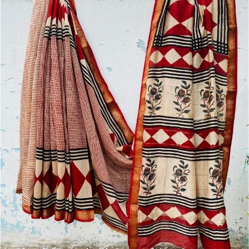 Red Maheshwari Silk Saree – Handloom Cotton Silk Ethnic Saree