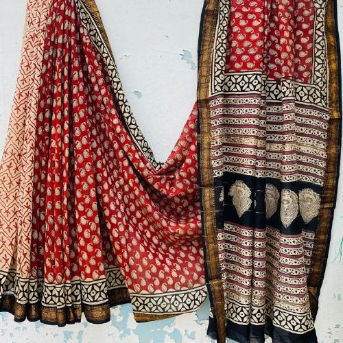 Red Maheshwari Silk Saree with Black Border – Handloom Cotton Silk