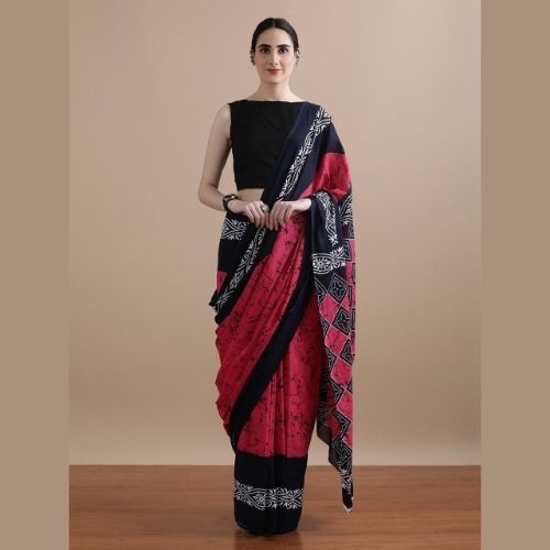 Red & Black Mulmul Cotton Saree – Pure Handloom Cotton Saree for Women