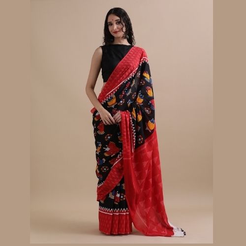 Red & Black Cotton Mulmul Saree – Soft Handloom Saree with Ethnic Prints