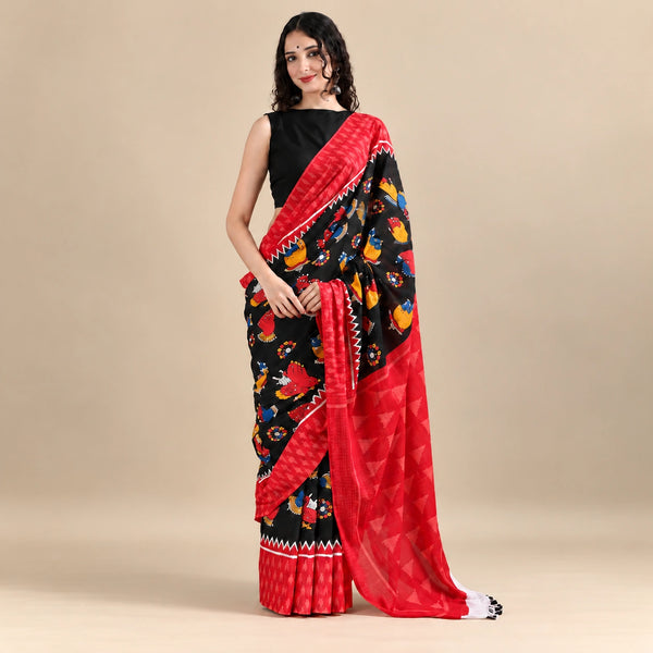 Red & Black Printed Cotton Mulmul Saree with Handcrafted Motifs