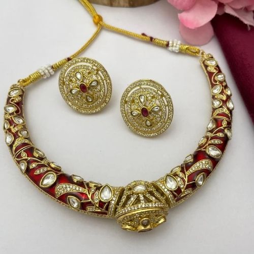 Red & Gold Hasli Necklace Set with Earrings