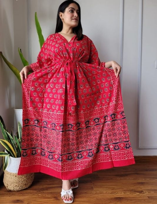 Red Hand Block Printed Pure Cotton Kaftan – Free Size (36-52)