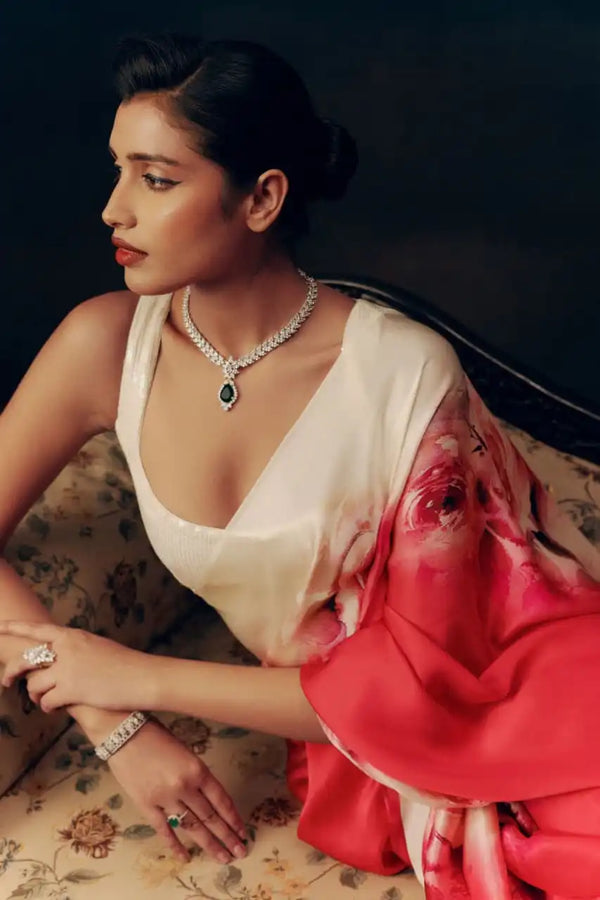 Red & Ivory Satin Floral Saree – Premium Japan Satin Elegance