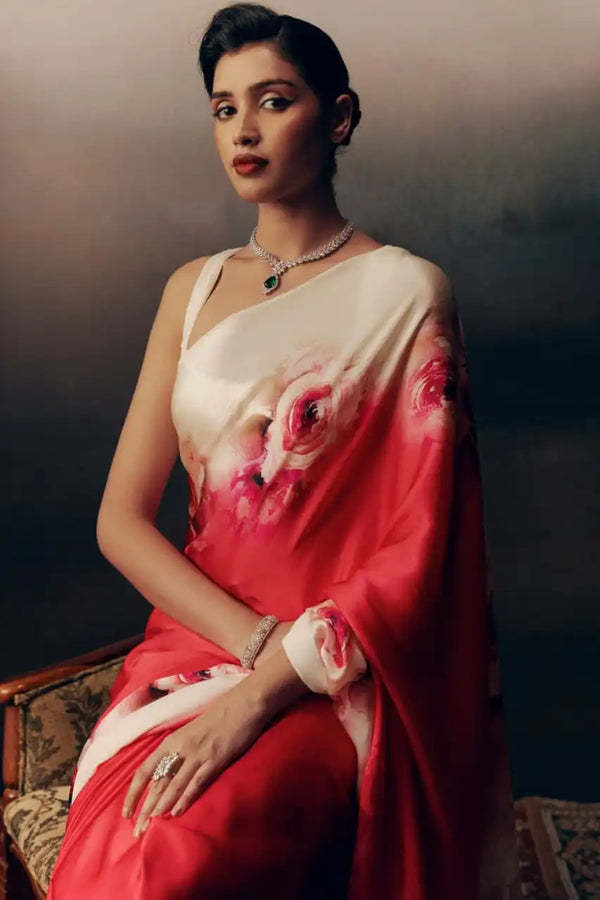 Red & Ivory Floral Satin Saree in Original Japan Satin