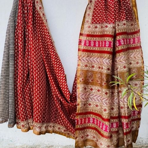 Red & Maroon Chanderi Silk Saree with Beige-Golden Print