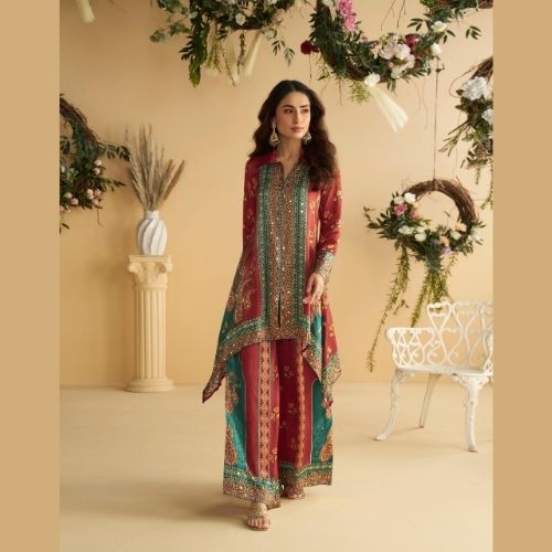 Designer Red & Teal Indo Western Coord Set for Women