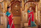 Elegant Red Satin Silk Saree with Teal Pallu – Perfect for Weddings
