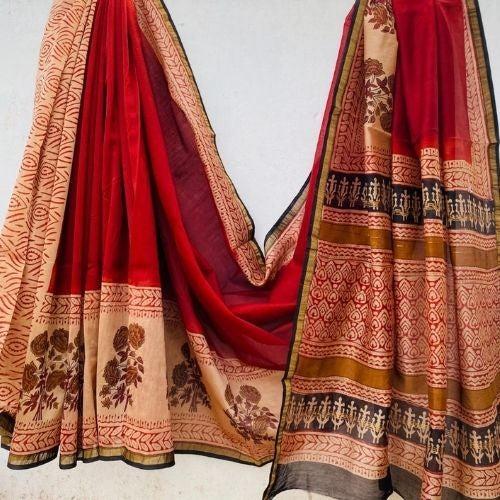 Red & Beige Handloom Chanderi Silk Saree with Traditional Prints