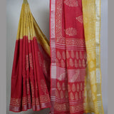 Red and Yellow Dual-Tone Pure Linen Handloom Saree