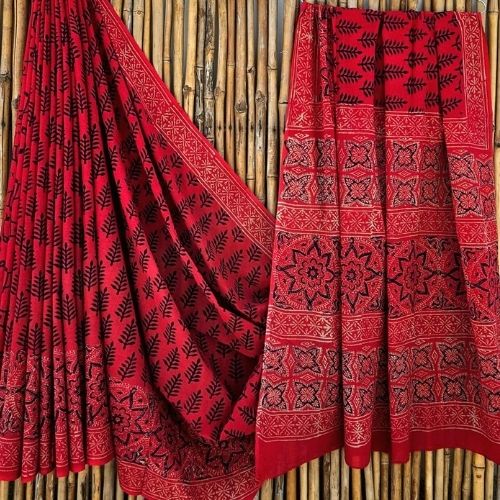 Red Leaf Motif Mulmul Cotton Saree with Intricate Borders