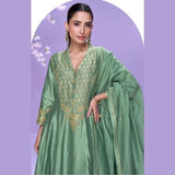 Designer Green Roman Silk Palazzo Suit