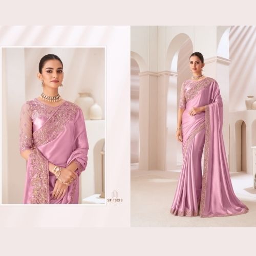 Rose Pink Designer Satin Saree with Embroidery & Satin Silk Blouse