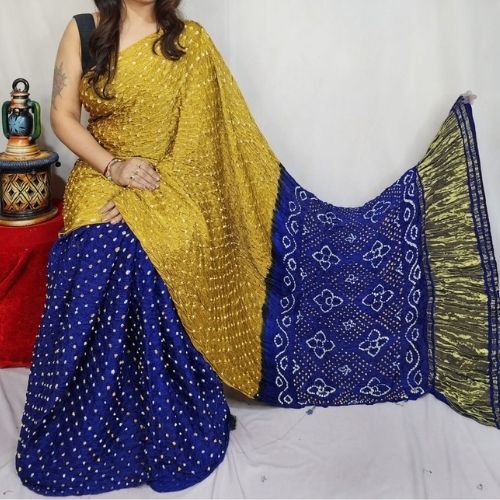 Royal Blue/Mustard Modal Silk Bandhni Saree with Blouse