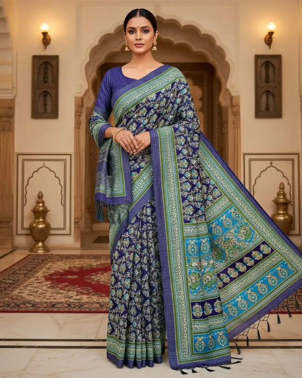 Royal Blue Turquoise Pure Kashmiri Pashmina Silk Saree with Shawl