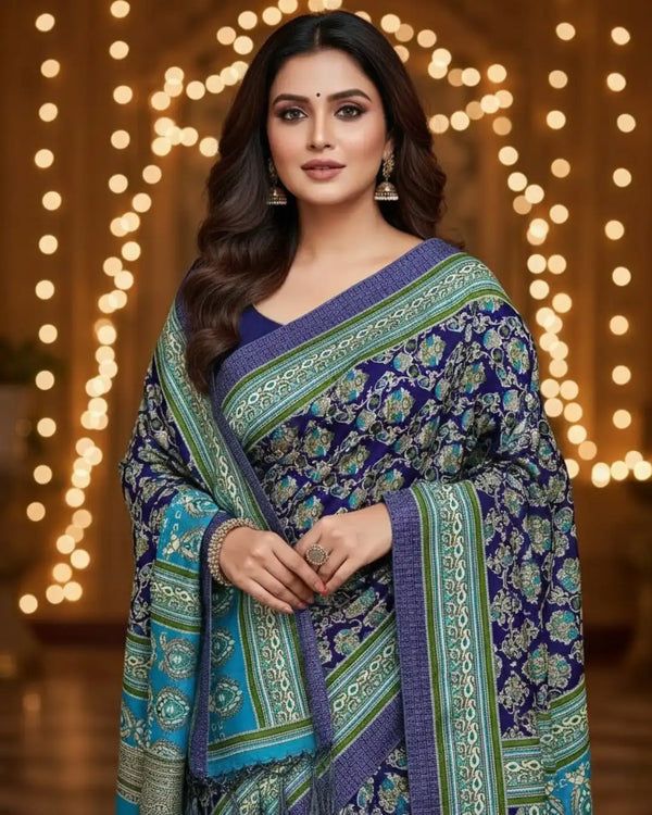 Royal Blue Turquoise Pure Kashmiri Pashmina Silk Saree with Shawl