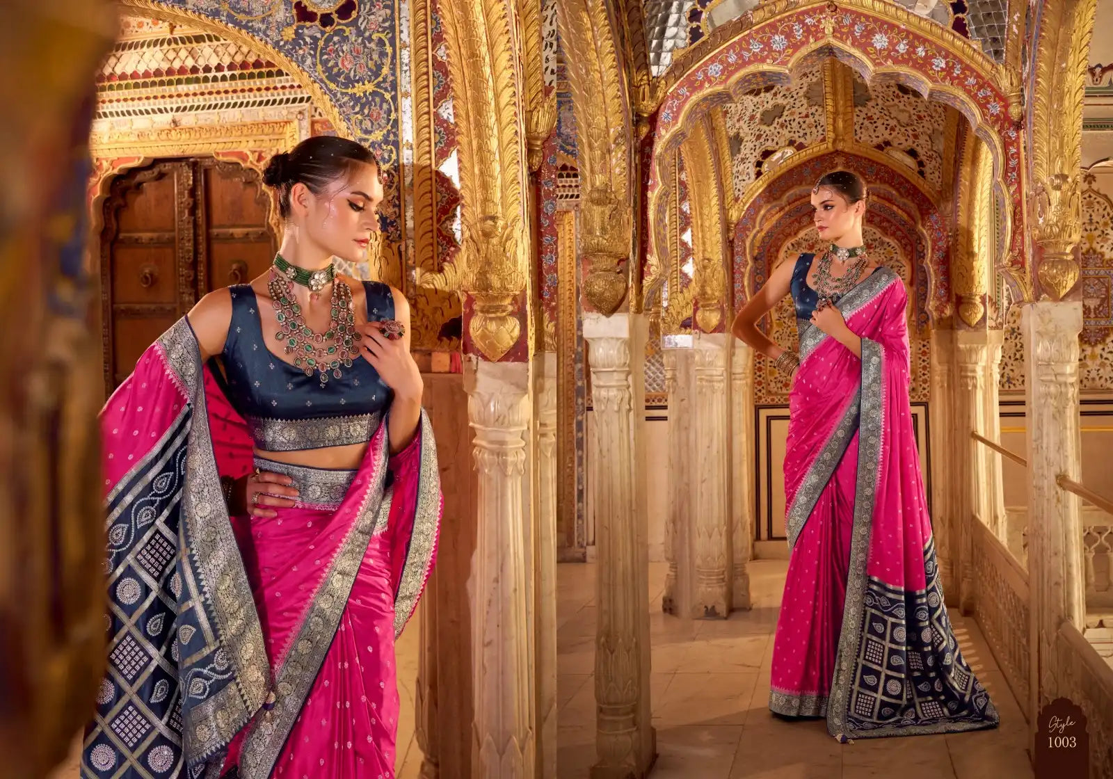 Shop Elegant Satin Silk Saree in Pink & Navy – Perfect for Weddings & Parties
