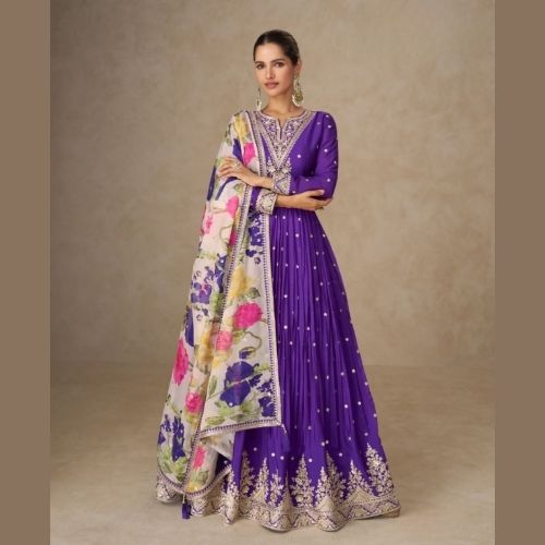 Royal Purple Anarkali Gown with Dupatta – Elegant Party Wear