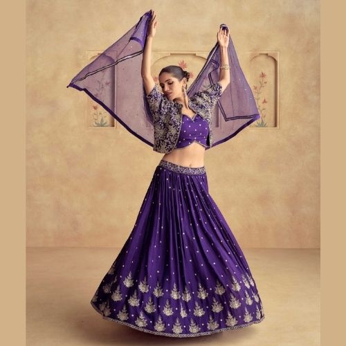 Royal Purple Embroidered Party Wear Lehenga with Jacket