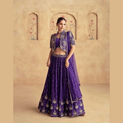 Royal Purple Designer Lehenga Choli with Dupatta and Jacket