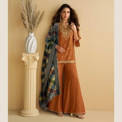 Rust Brown Premium Chinon Silk Embroidered Sharara Suit Set