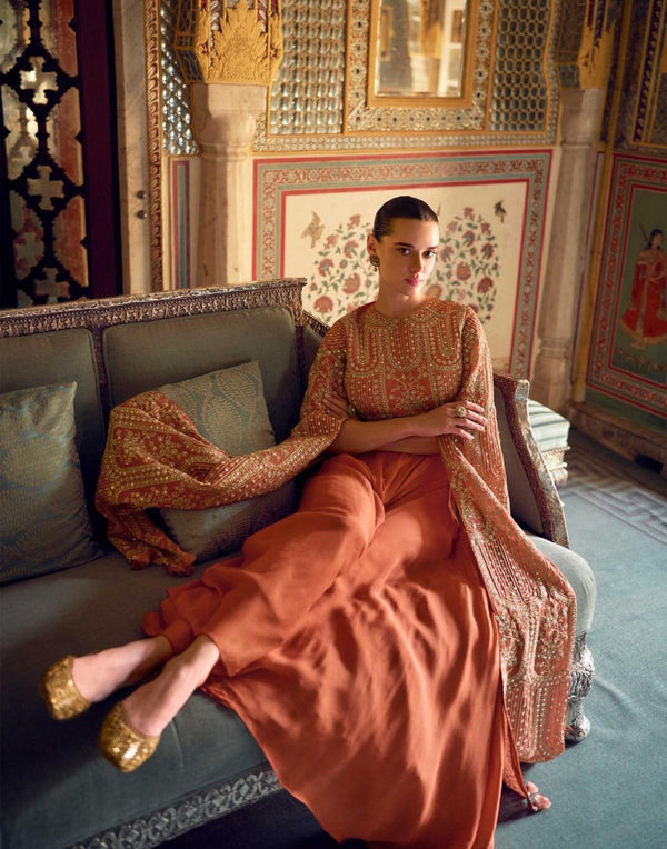 Rust Orange Embroidered Indo-Western Designer Cape Top Set