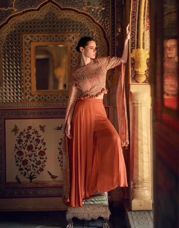 Rust Orange Embroidered Indo-Western Designer Cape Top Set