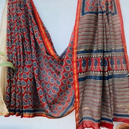 Rust Red & Blue Chanderi Silk Saree with Printed Pallu Design