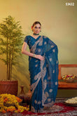 Teal Blue Chiffon Designer Embroidered Saree