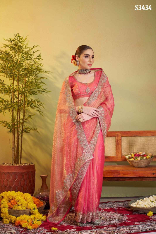 Designer Embroidered Peach Tissue Organza Saree – Ethnic Elegance