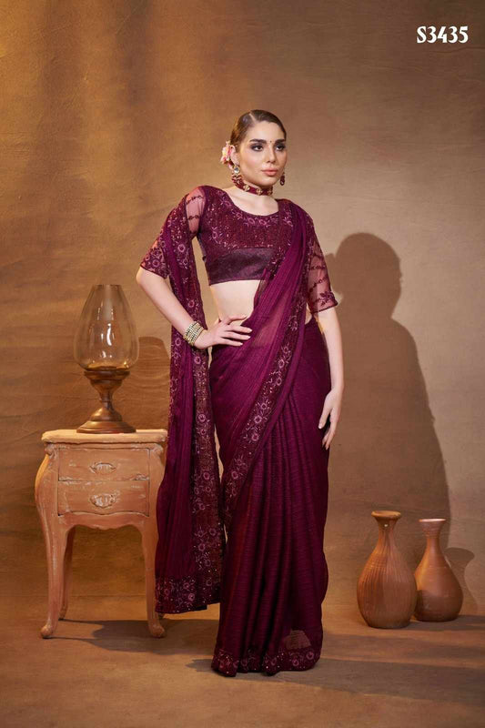 Designer Maroon Satin Jacquard Saree with Embroidery Work