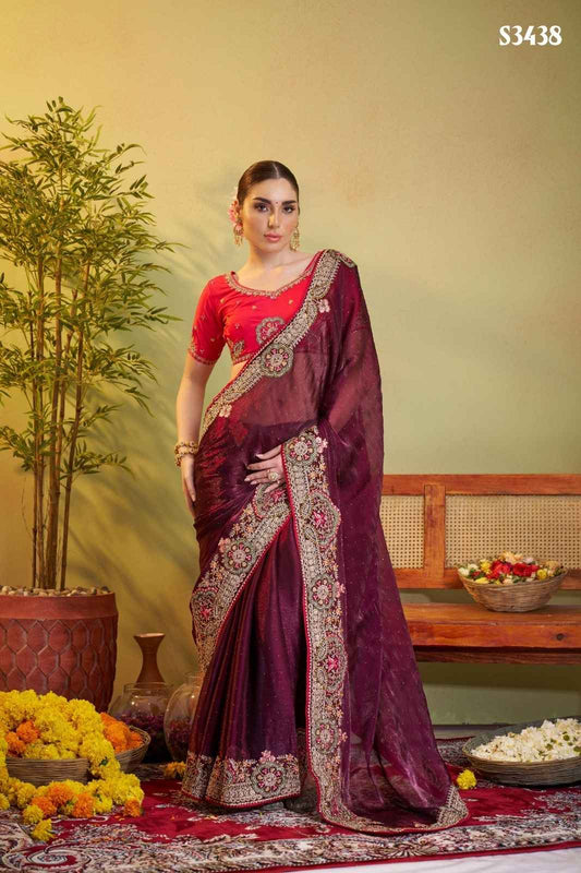Regal Maroon Designer Embroidered Saree in Jimmy Choo Satin