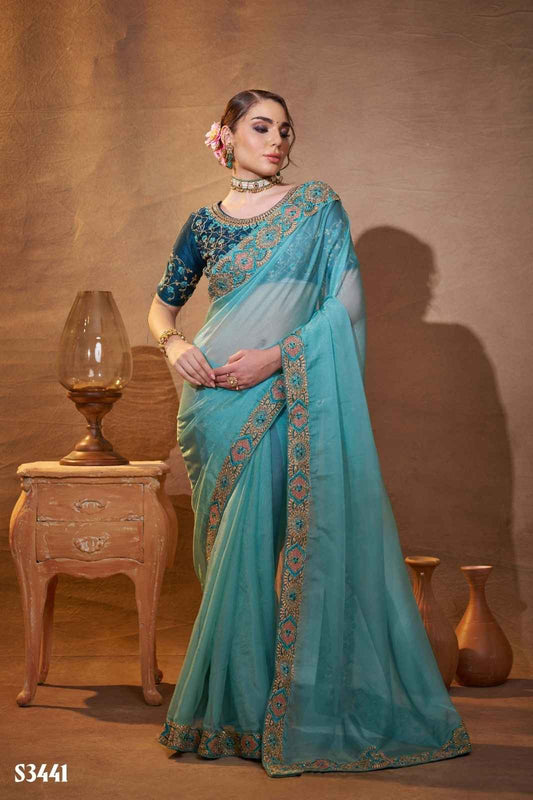 Elegant Aqua Blue Designer Embroidered Saree