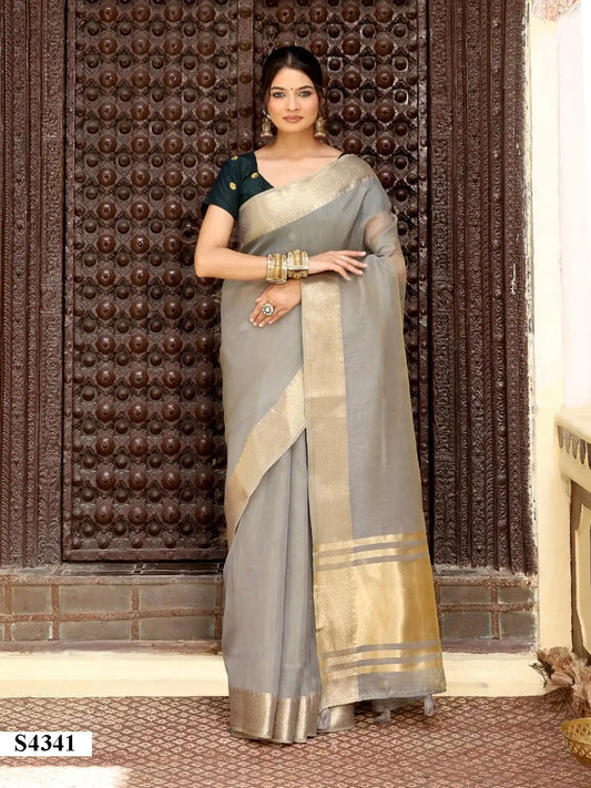 Grey Festive Woven Cotton Saree with Rich Golden Border