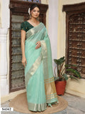 Mint Green Woven Cotton Saree with Golden Zari Border
