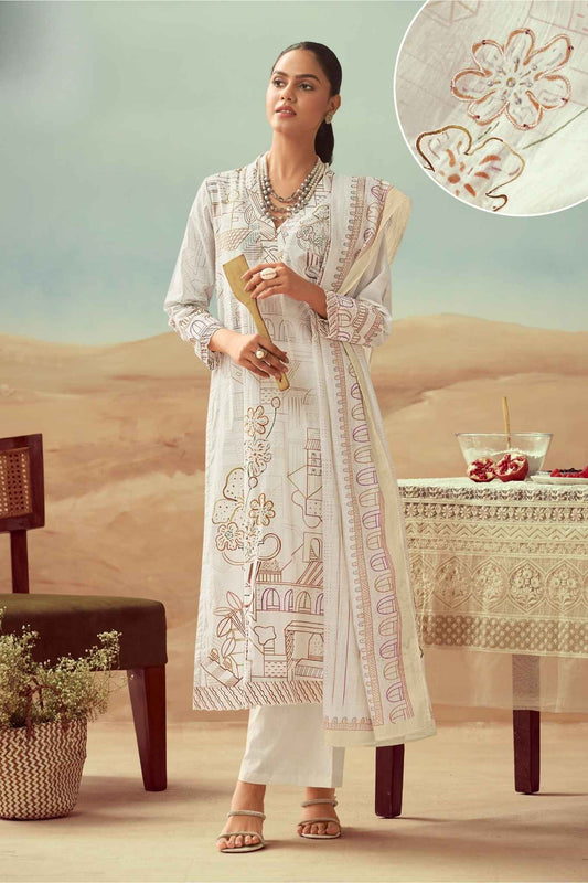 Ivory Hand Embroidered Pure Cotton Lawn Kurta Set with Digital Print & Silk Embroidery