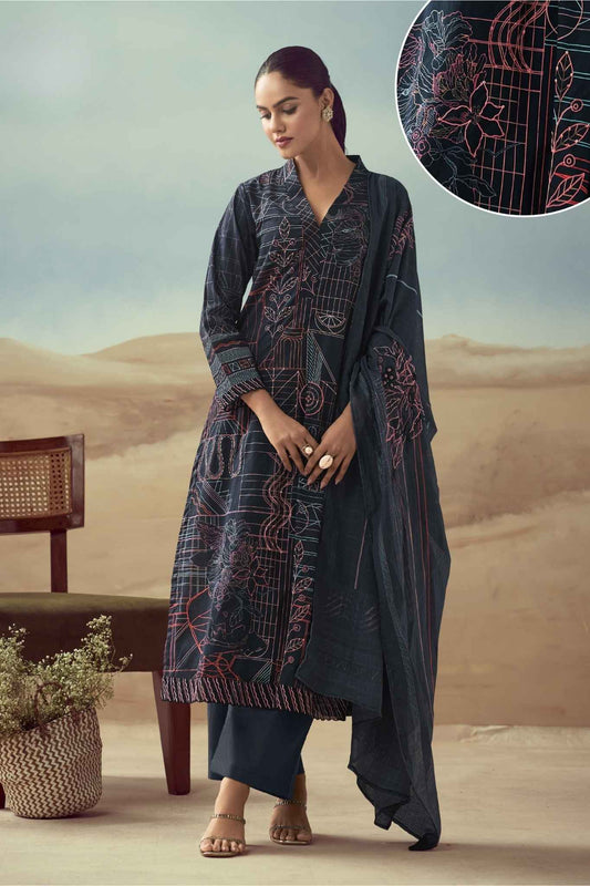Midnight Blue Floral Line Art Cotton Kurta Set with Contrasting Embroidery
