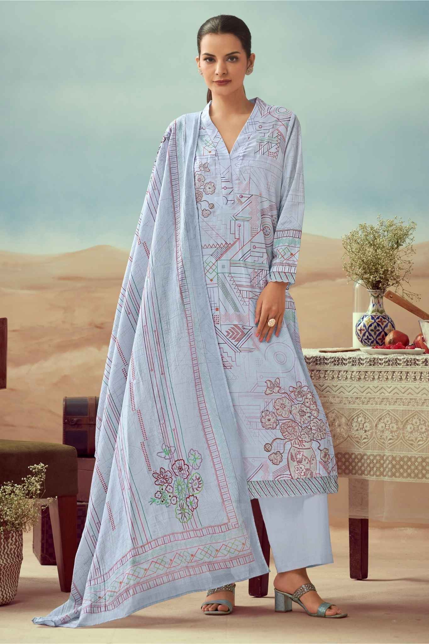 Powder Blue Architectural Print Cotton Kurta Set with Floral Line Art Detailing