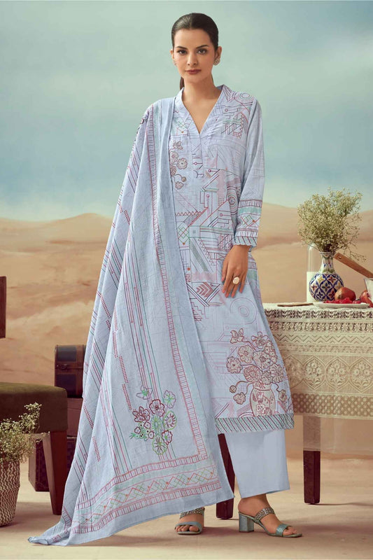 Powder Blue Architectural Print Cotton Kurta Set with Floral Line Art Detailing