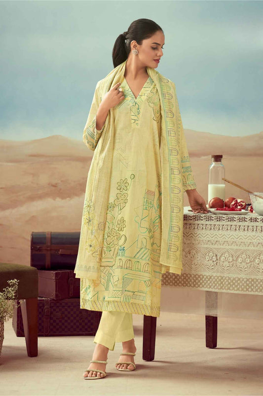 Lemon Yellow Cotton Kurta Set with Architectural Line Art and Floral Detailing
