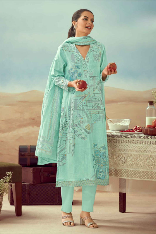 Mint Green Geometric Embroidered Cotton Kurta Set with Matching Dupatta