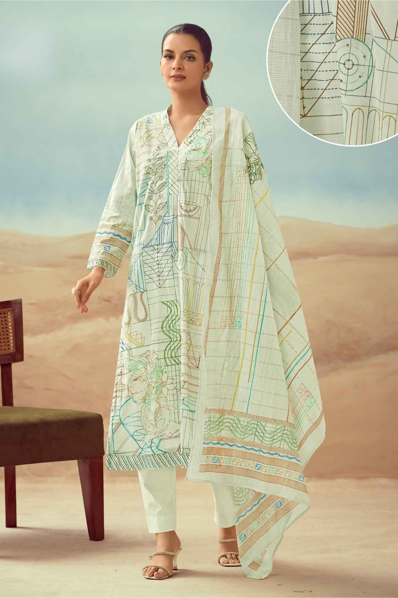 Ivory Architectural Blueprint Printed Cotton Kurta Set with Designer Dupatta